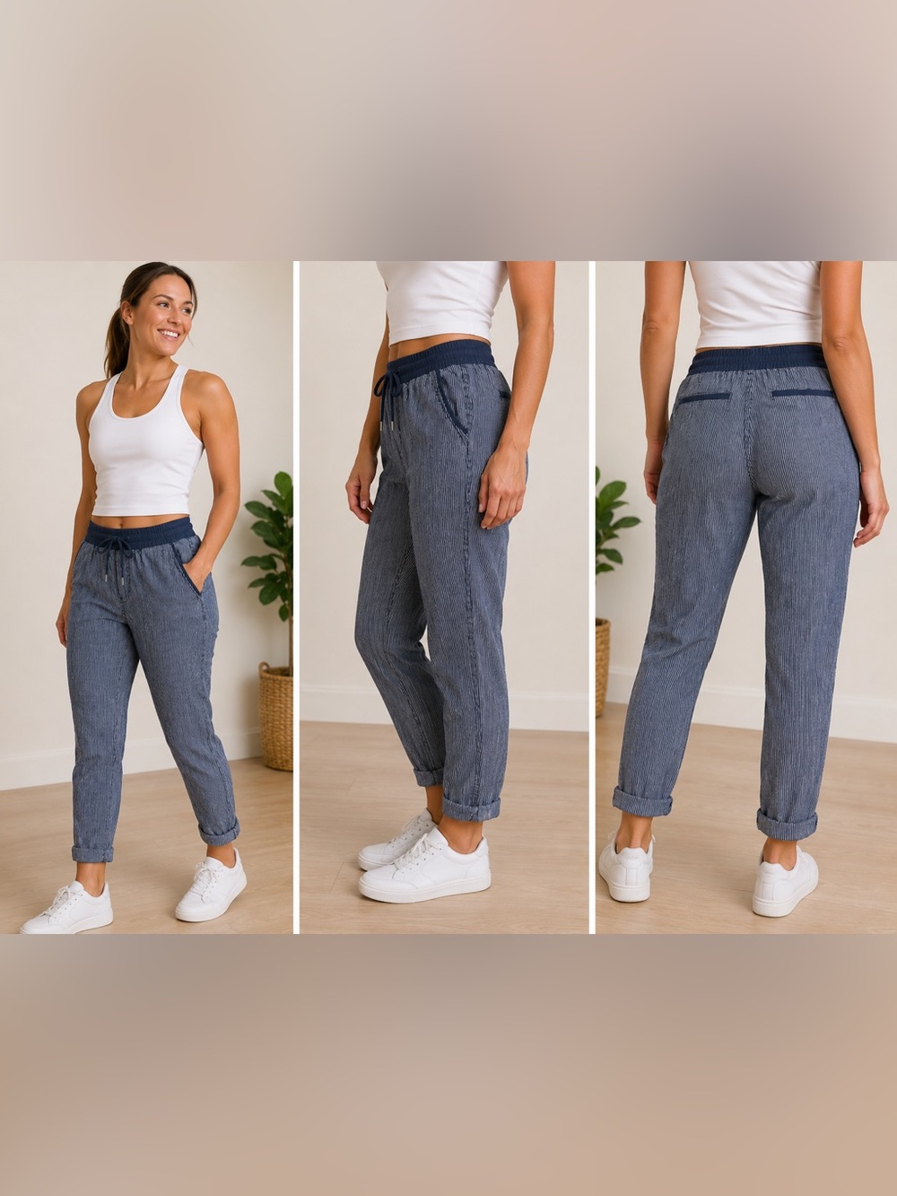 Athleta Navy Pinstripe 100% Linen Drawstring Jogger Pants Size 8